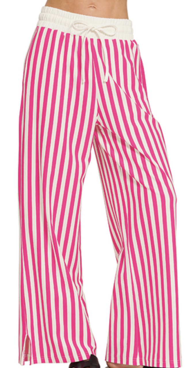 39826 Pink Vertical Striped Wide Leg Pants