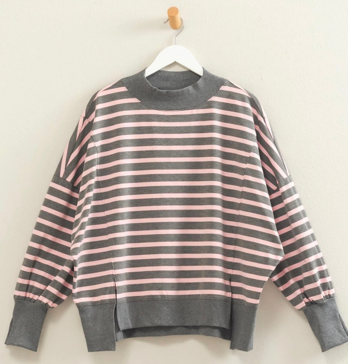36626 Charcoal/Sand Striped Mock Neck Sweatshirt