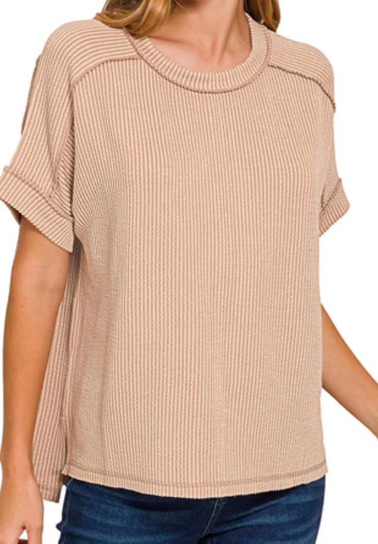 37926 Light Mocha Rib Cuff Top