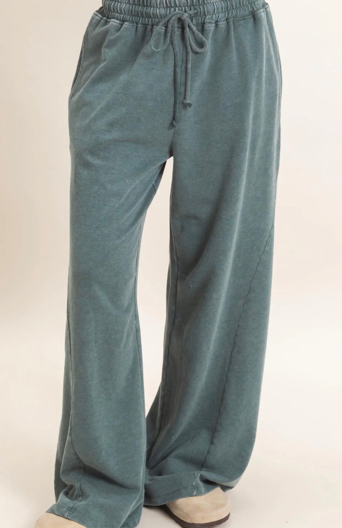 36426 Mineral Wash Dark Green Wide Leg Pants