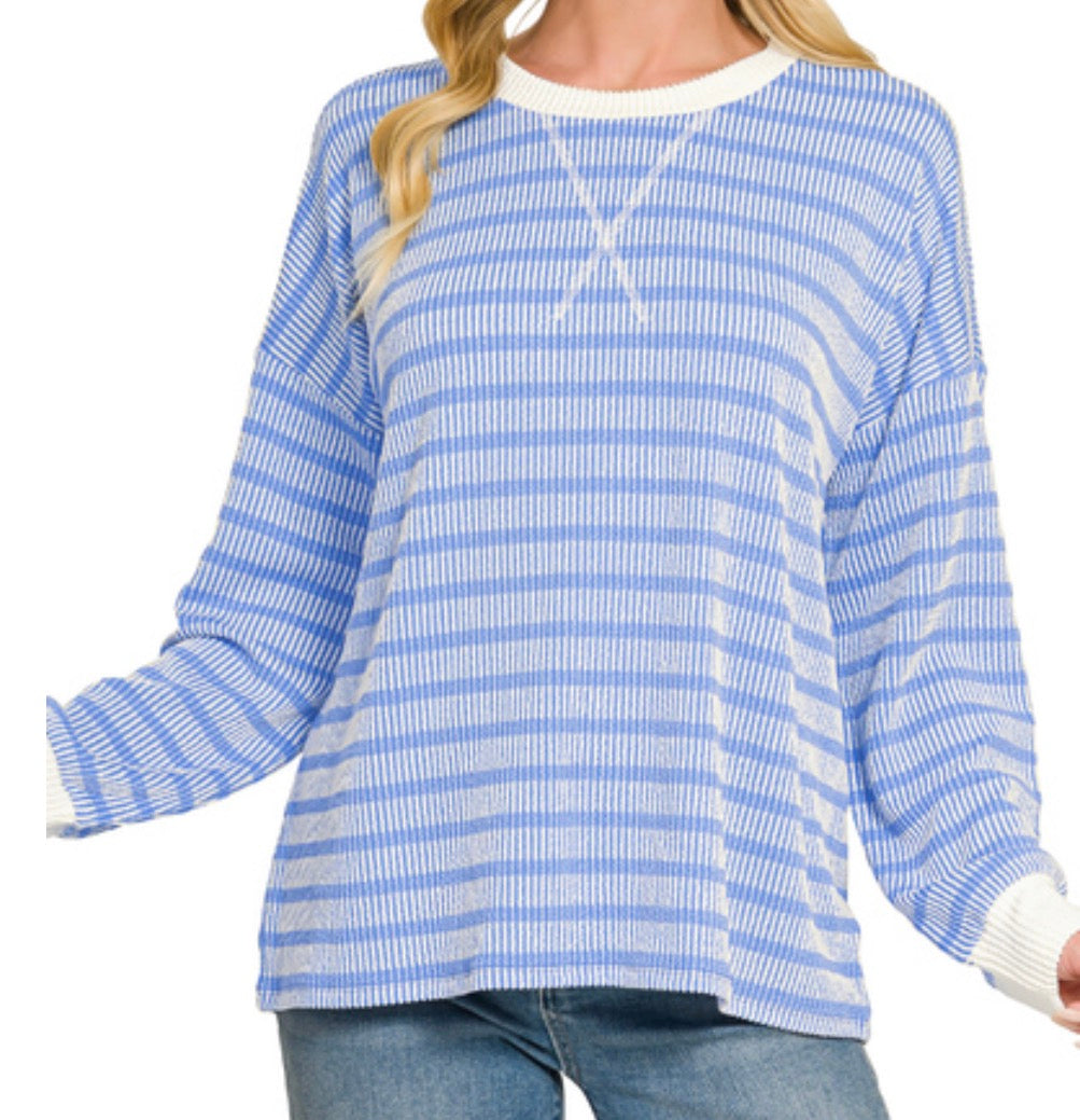 39726 Blue Stripped Round Neck Sweater