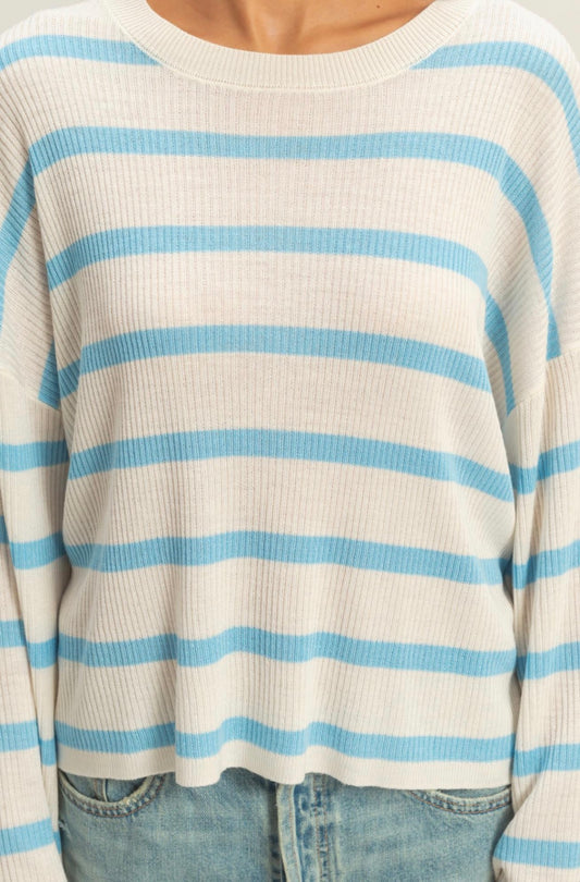 36526 Blue Wide Sleeve Striped Sweater