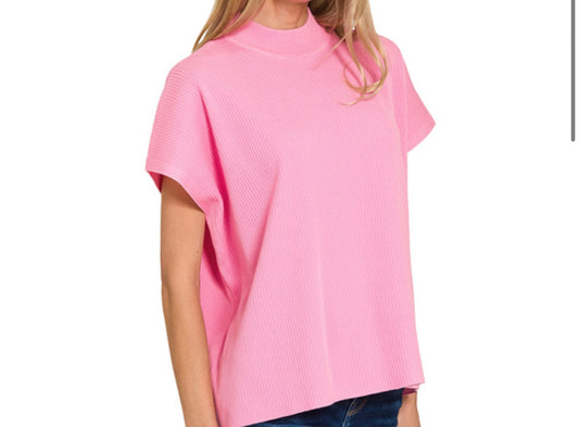 38626 Candy Pink Short Sleeve Mock Neck