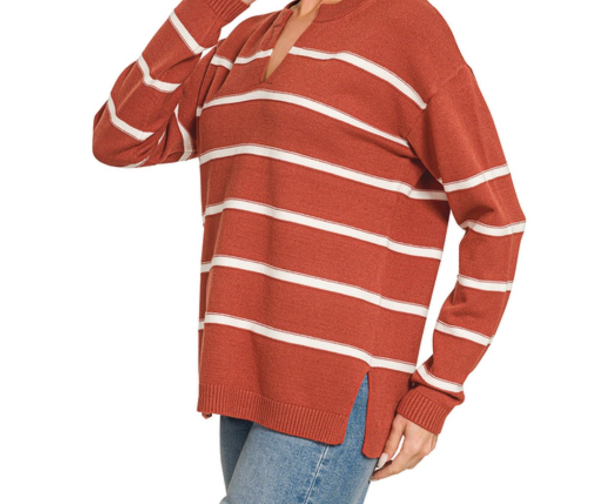 39626 Rust Split Neck Striped Sweater